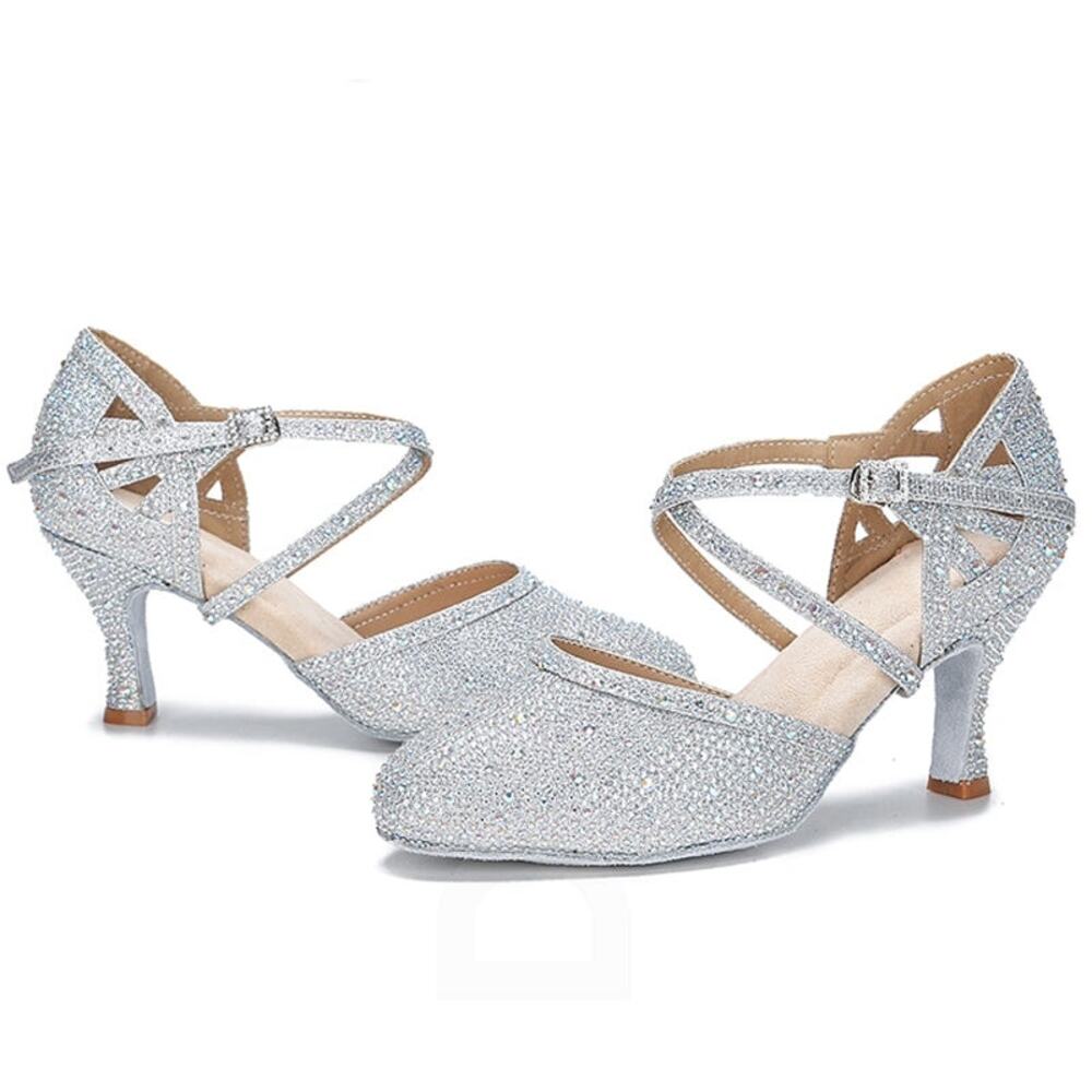 ALB Sparkling Glitter Ballroom Dance Shoes - Silver - US 8.5 - 2.1" Cuban Heel